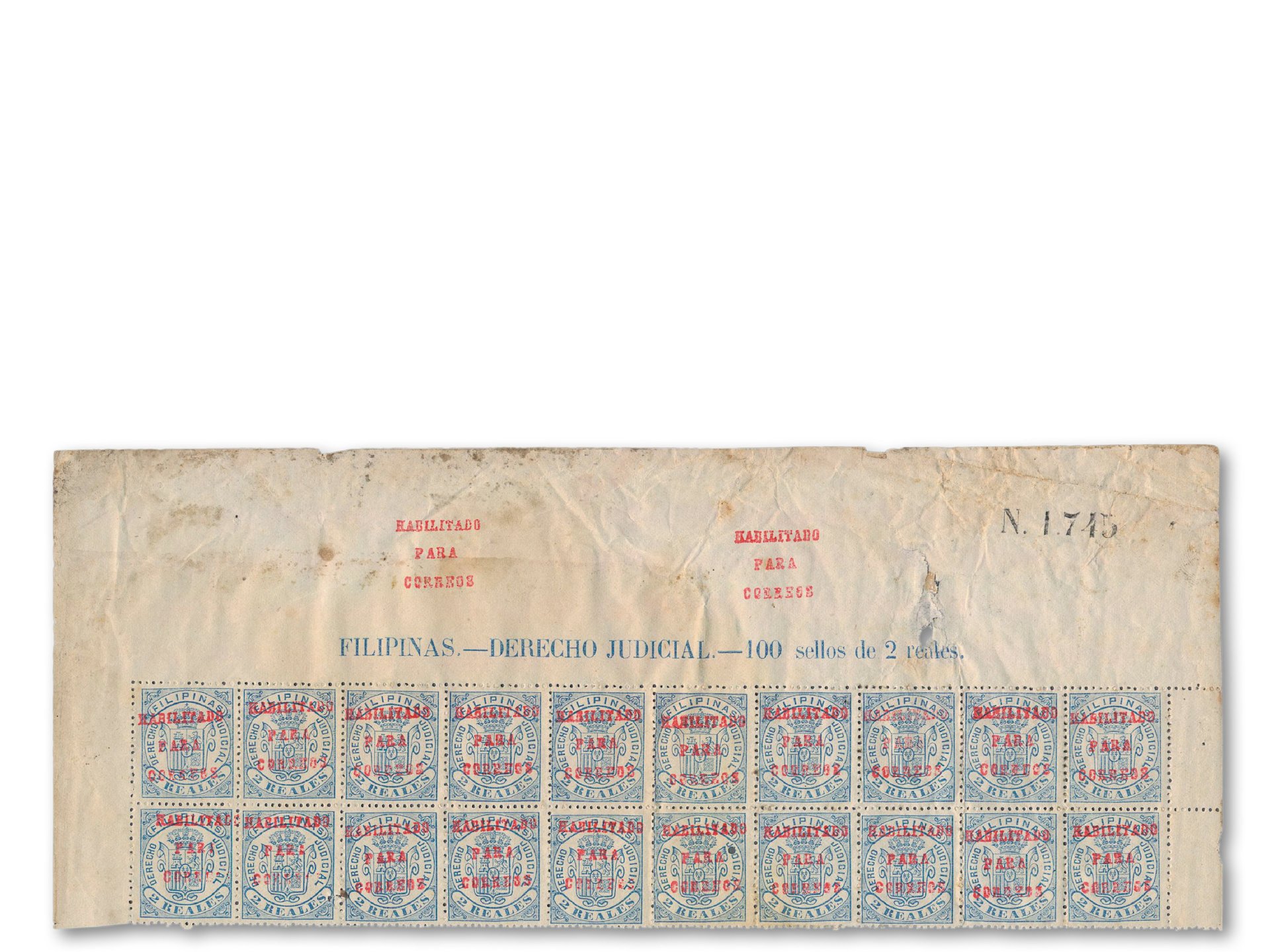 Philippinen spektakulärer Oberbogenrandaufdruckblock von 20 Marken 2 Reales blau von 1881