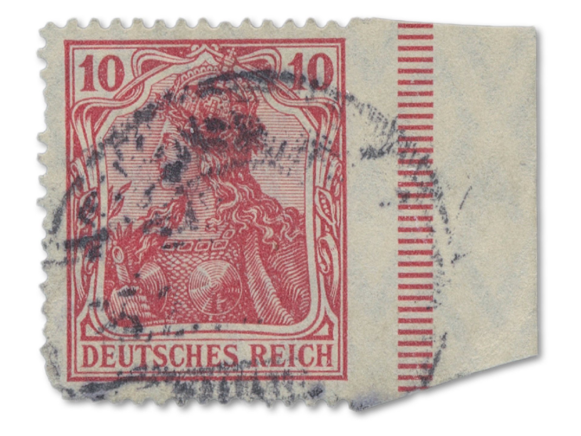 einzelne Briefmarke Germania mit seltener Abart rechts ungezähnt vom rechten Bogenrand, gebraucht