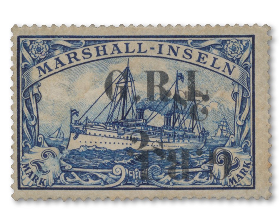 rare single stamp from 1914 Marshall Islands Imperial Yacht with DOUBLE overprint