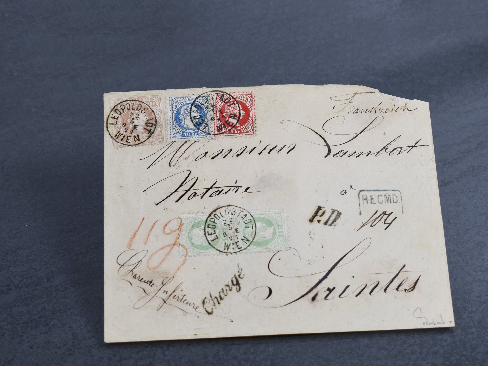 Brief mit vorderseitigen P.D., der „Chargé“ mit der zugehörigen Registrierungsnummer und der rückseitige Bahnpoststempel “PARIS A BORDEAUX“