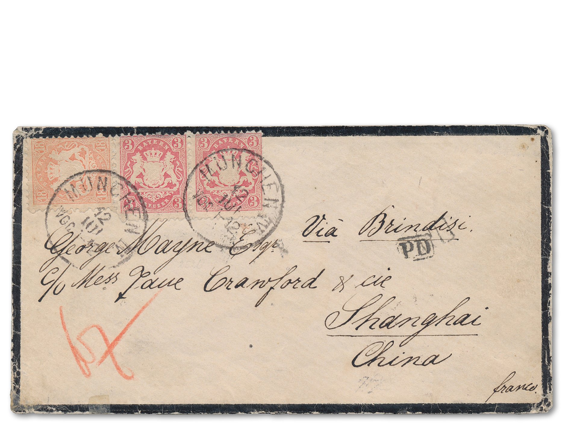 Auslands-Briefkuvert mit Trauerrand von 1870 mit Farbfrankatur und Wasserzeichen, adressiert via Brindisi nach SHANGHAI