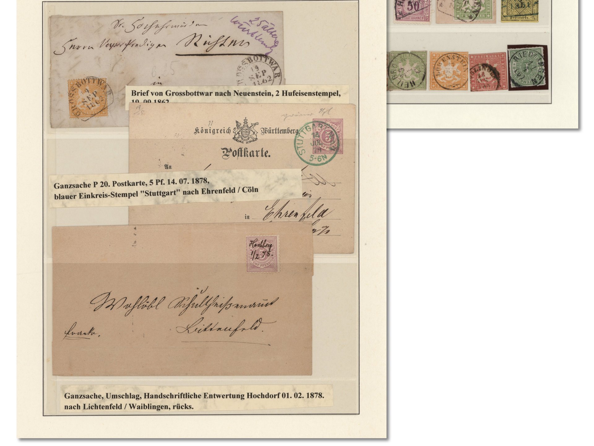 zwei Seiten eines Albums mit den Poststempel des Königreichs Württemberg mit Zweikreiser, Dreikreiser, Hufeisen, Bahnstempel usw.