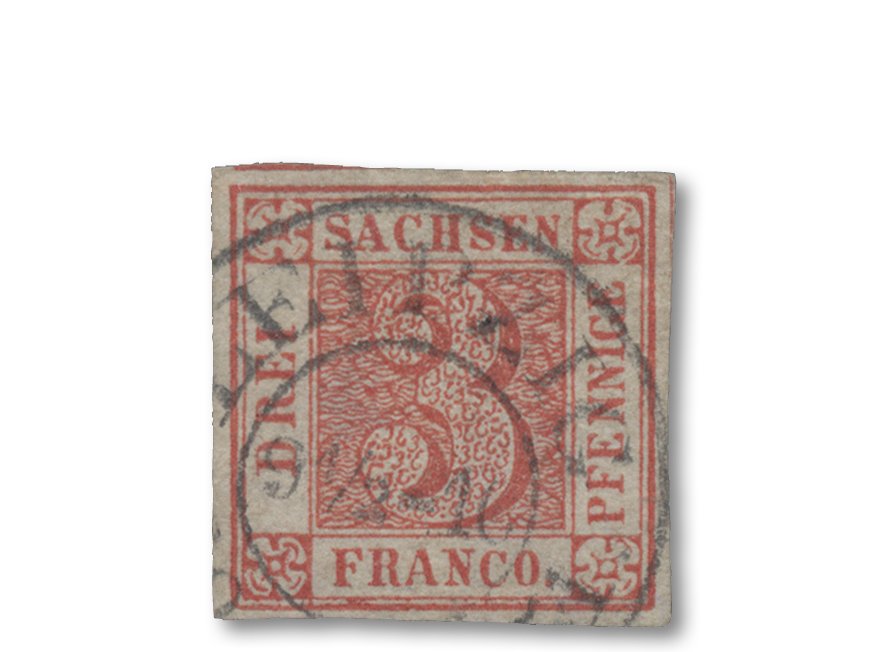 Sachsen 3 Pfennig bräunlichrot Platte III von 1850 mit Zweikreisstempel Leipzig