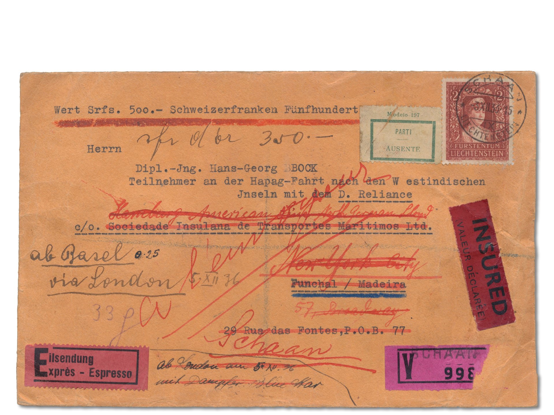Liechtenstein Wertbrief von 1933 mit Fürstin Elsa 2 Franken als Einzelfrankatur mit vielen Stempel, Vermerken und Aufklebezetteln