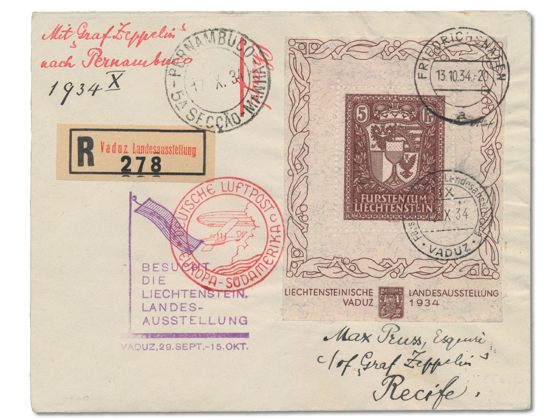 Vaduz Block Liechtenstein auf Rückschein Brief mit 10. Zeppelin Südamerikafahrt nach Pernambuco