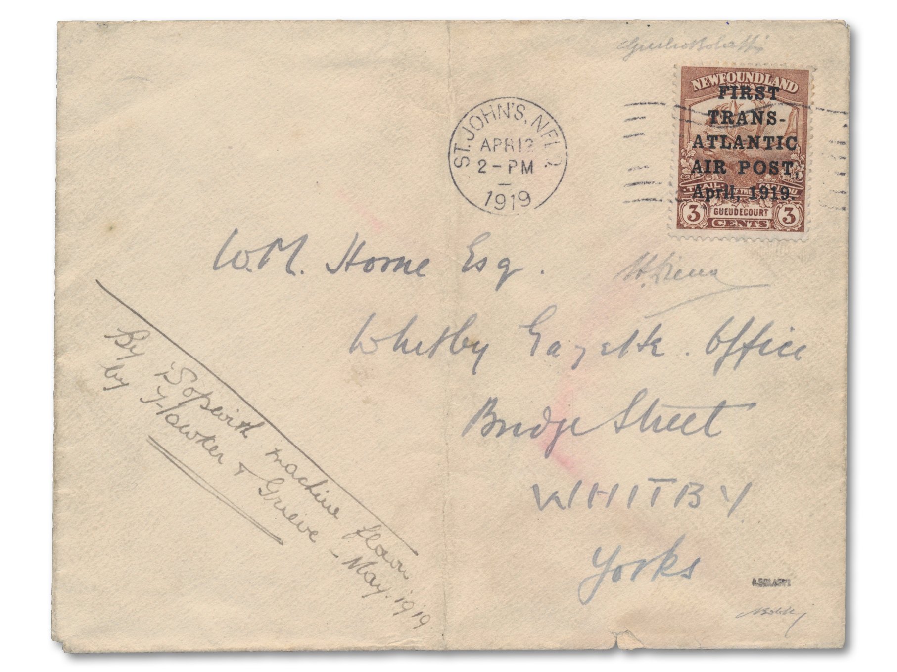 1919 Hawker airmail stamp 3 cent brown used on cover First Transatlantic Air Mail Trial