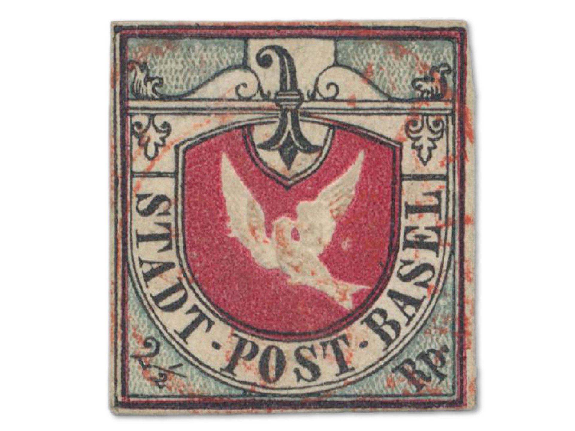 Briefmarke "Baseler Taube" von 1845 außerordentlich farbfrisch und ringsum weißrandig geschnitten