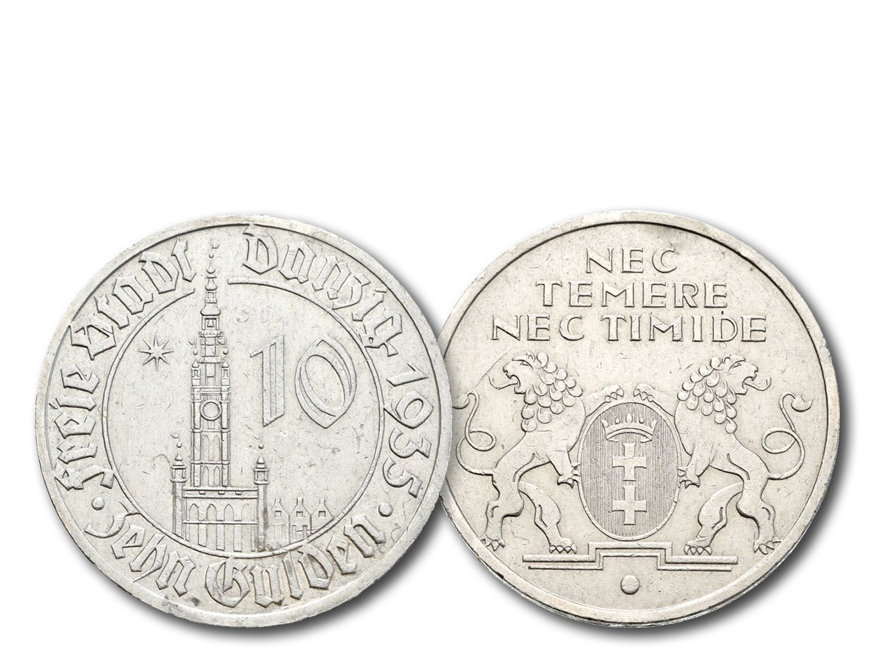 10 Gulden Münze von 1935 Rathaus, Vorder- und Rückansicht