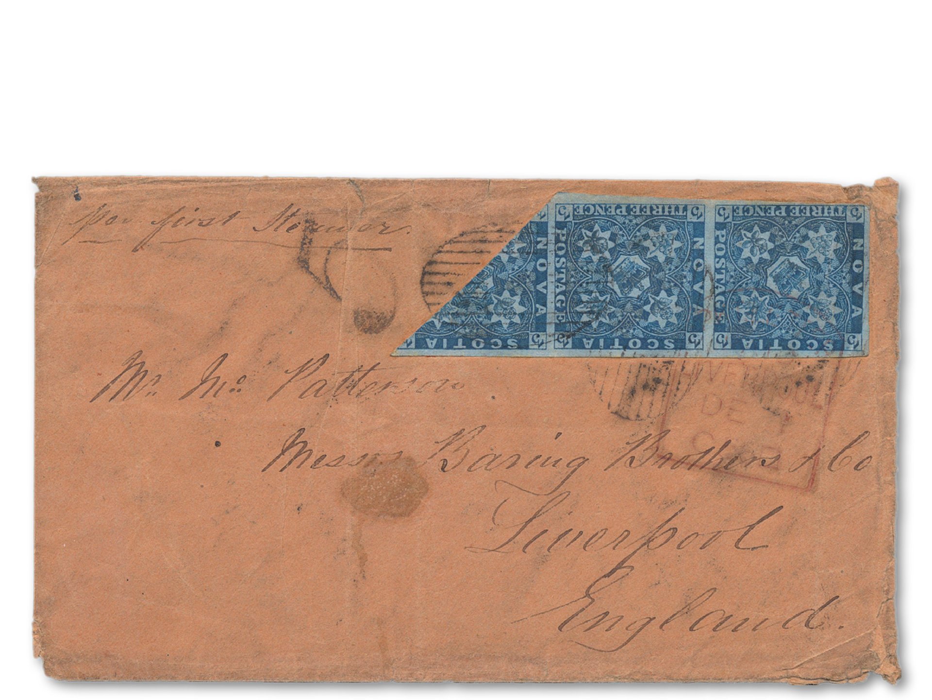 3 d blue on bluish paper "strip of two and a half" on aged cover, around 1851