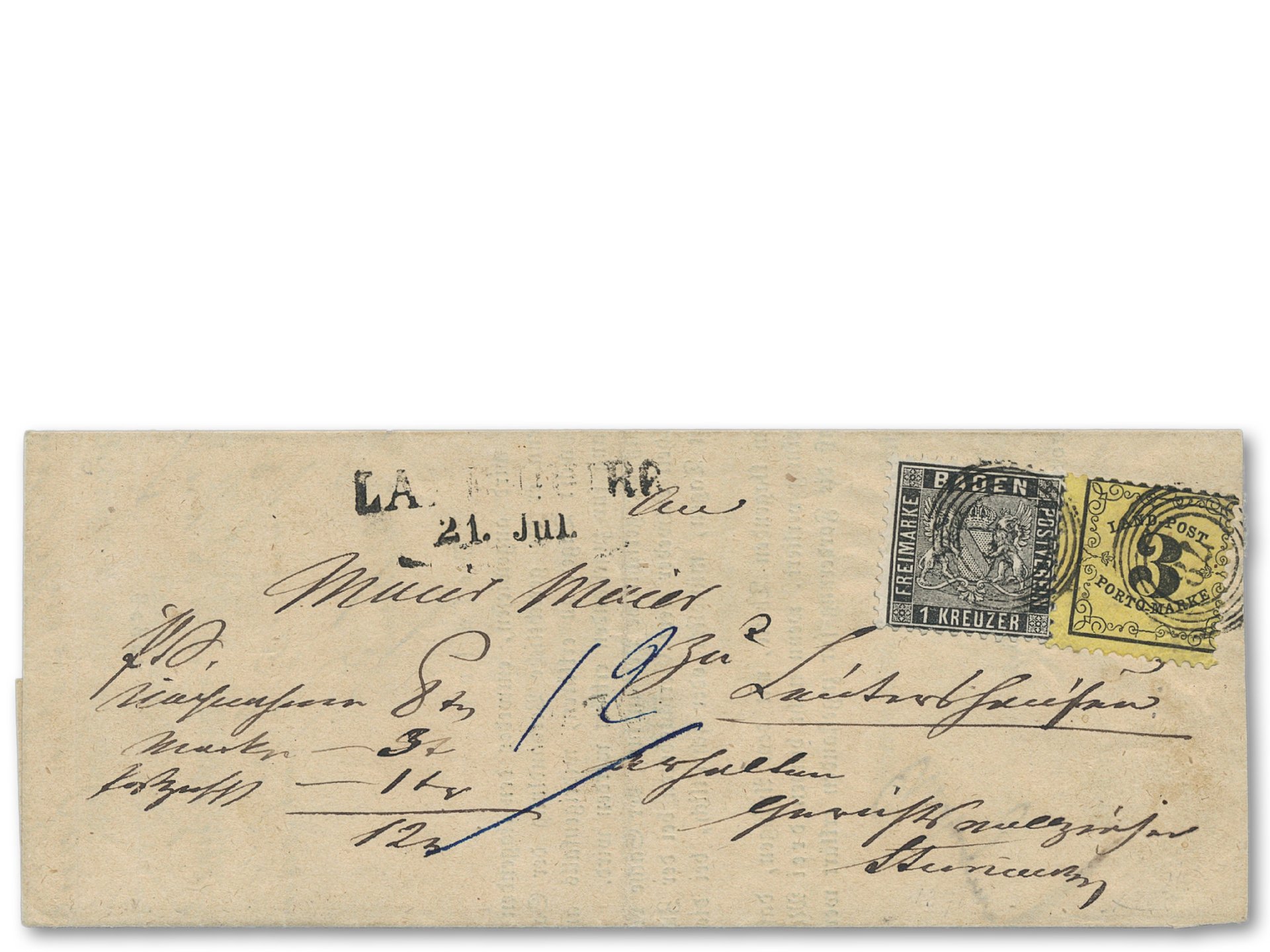 Cash on delivery cover from 1864 franked with mixed franking from land mail and postage stamps.