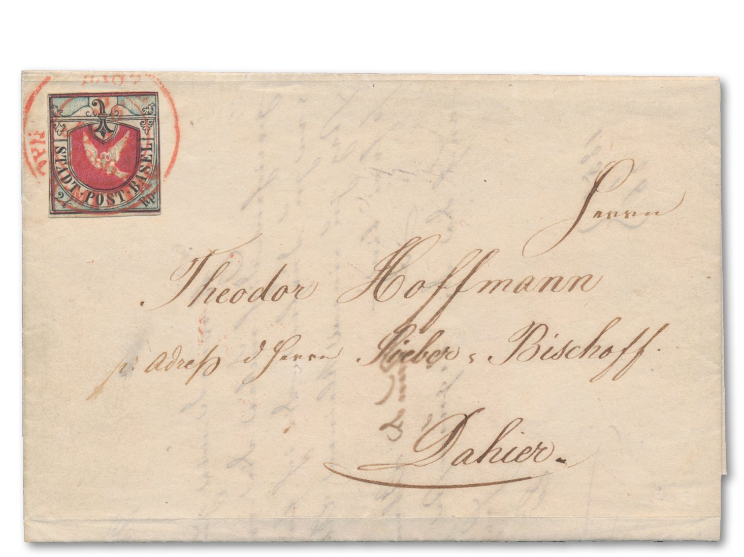 Basel Taupe of 1845, 2 1/2 Rappen with relief printing on complete white local folded cover 